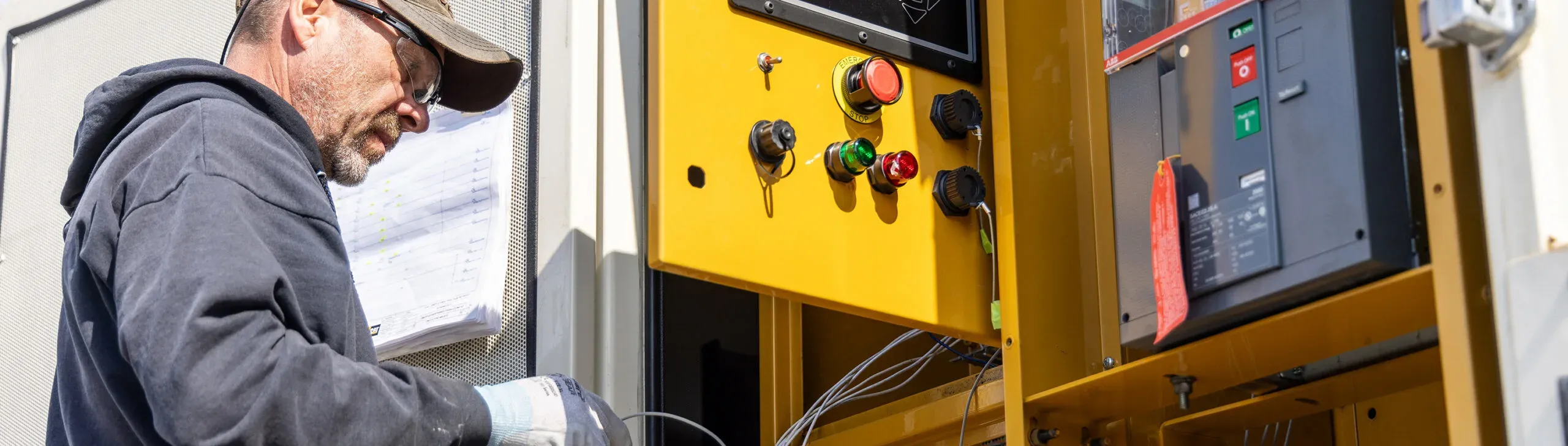 Technician in a hoodie and cap inspecting a yellow industrial control panel with push buttons and wiring nearby.